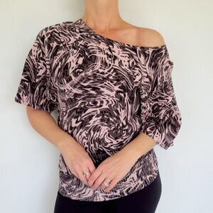 Vintage Valerie Bertinelli pink gray swirl off-shoulder dolman sweater medium